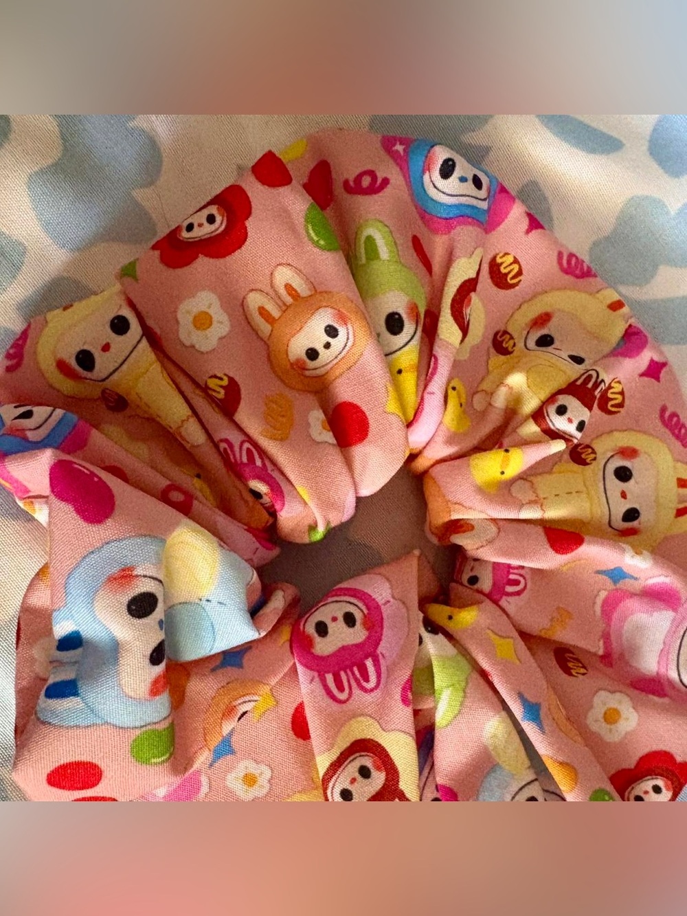 Kawaii Labubu Character Print Scrunchie Little Monster Cotton Hair Tie